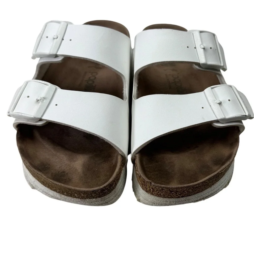 Papillio Birkenstock Arizona Platform Sandals Womens 38 7-7.5 White Vegan‎ Slide